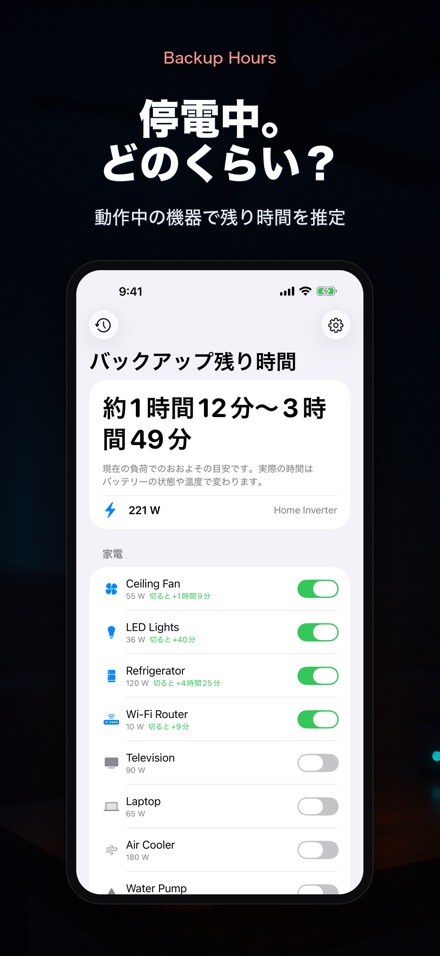バックアップ時間：残り何時間