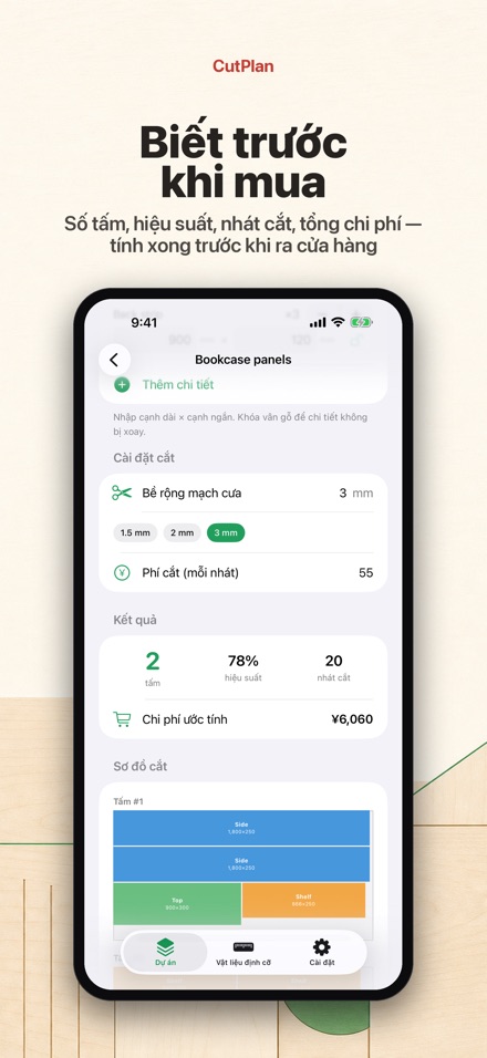 CutPlan: tối ưu cắt gỗ và tấm 3