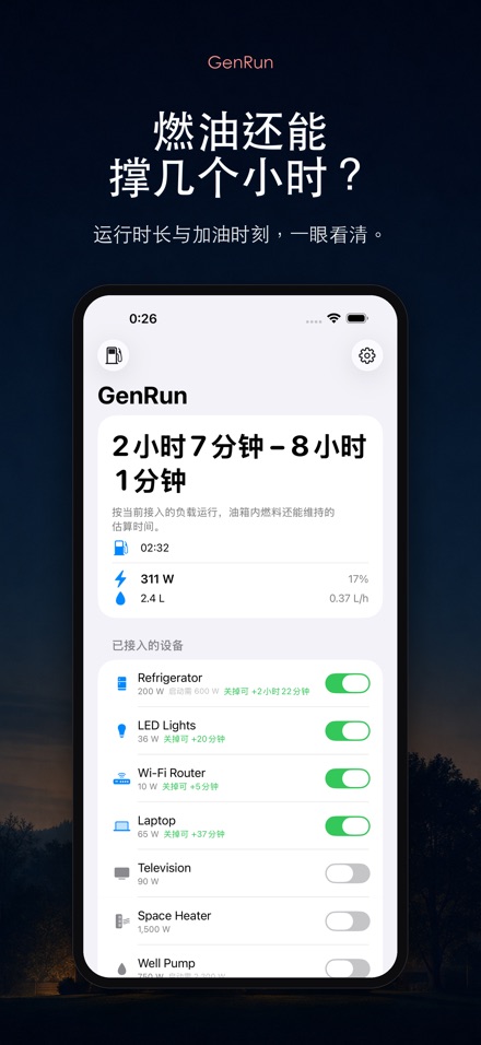 GenRun 发电机续航与加油