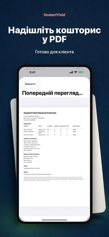 SealantYield: розрахунок шва 9